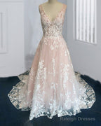 Blush Tulle Wedding Dress Ivory Lace V Neck