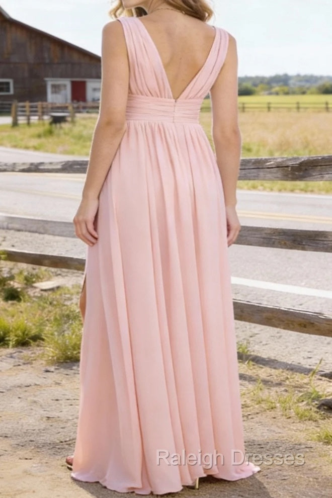 Blush V Neck Chiffon Floor Length Bridesmaid Dress Long Bridesmaid Dresses With Pleated Split Secondary image