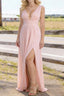 Blush V Neck Chiffon Floor Length Bridesmaid Dress Long Bridesmaid Dresses With Pleated Split