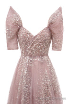 Blushing Pink Lace Crystal Sequin Long Prom Dresses Luxury Evening Gowns Vintage Party Dresses