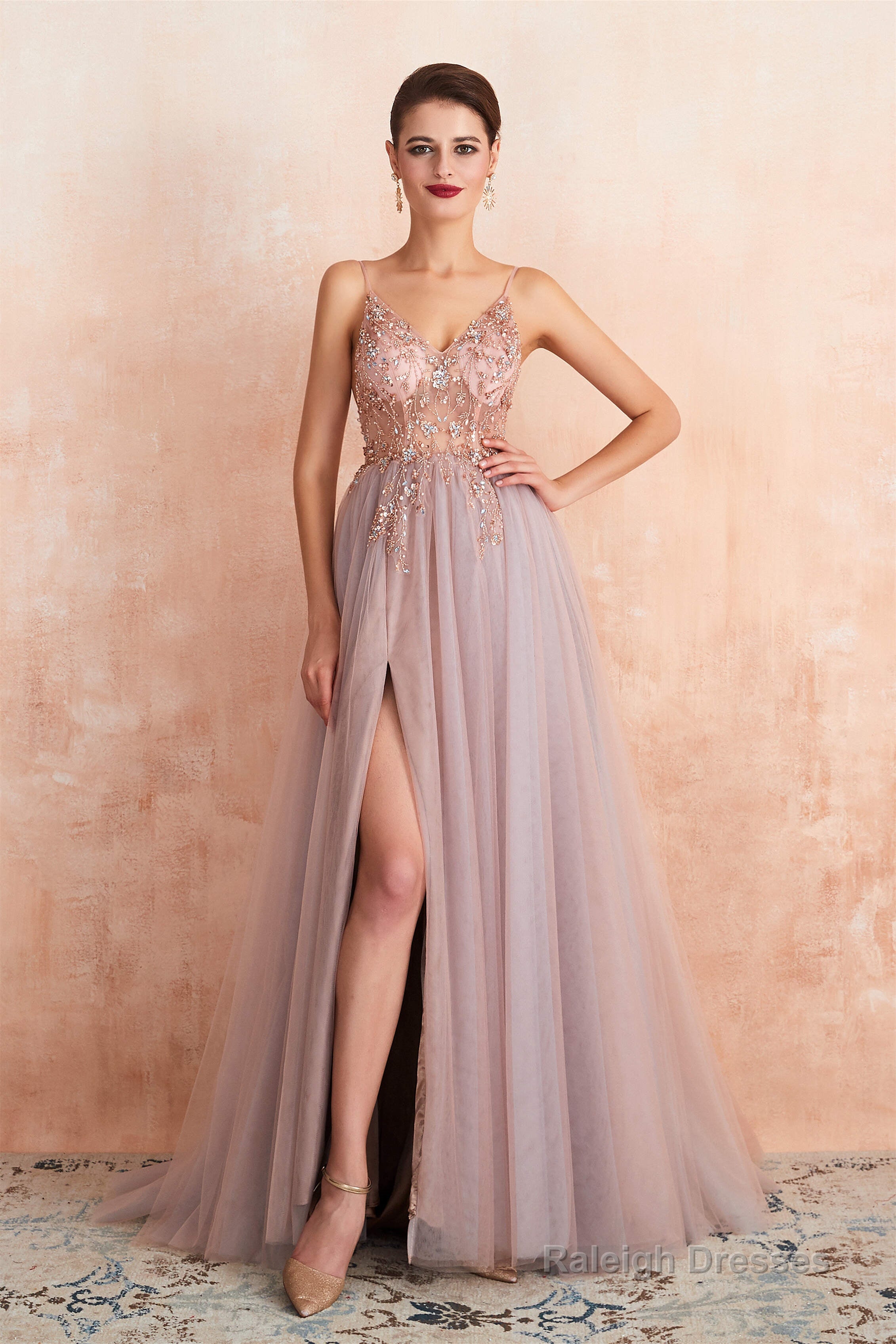 Spaghetti Straps V-neck Sheer Top Tulle Long Prom Dresses with Side Slit Main image