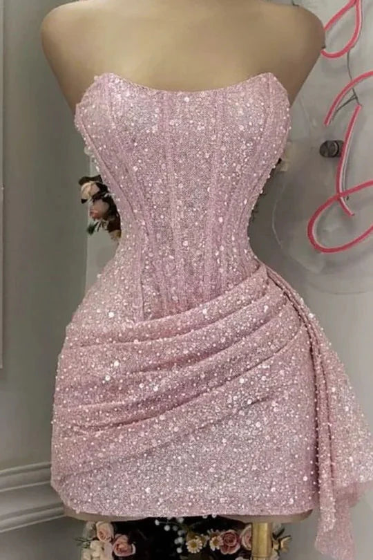 Blushing Pink Sequins Cocktail Dress Woman Elegant Wedding Prom Dresses Gown Mini Graduation Dresses Vestido De GraduacióN Vestido De Fiesta Homecoming Dress Main image