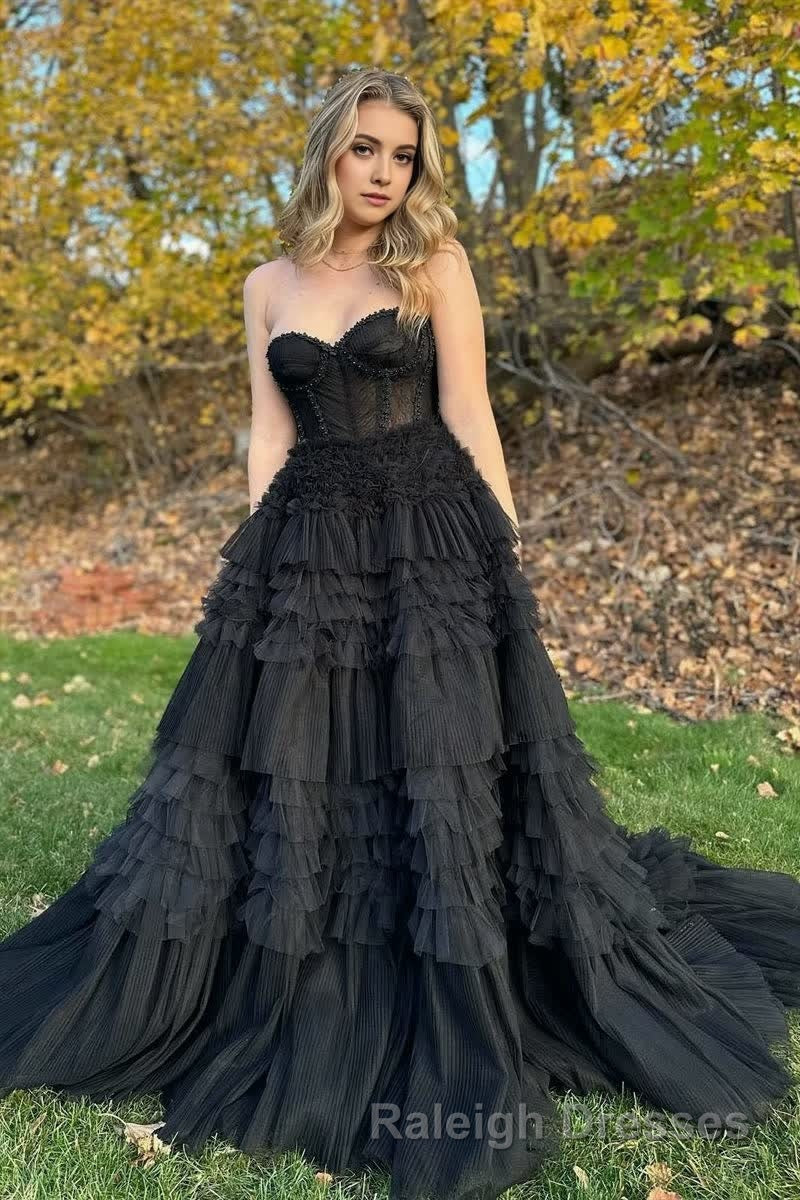 Blushing Pink Tulle Ruffle Layers Lace-Up Back A-Line Prom Dress