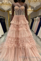 Blushing Pink Tulle Ruffle Layers Lace-Up Back A-Line Prom Dress