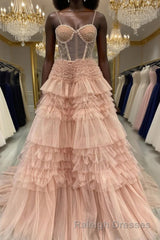 Blushing Pink Tulle Ruffle Layers Lace-Up Back A-Line Prom Dress