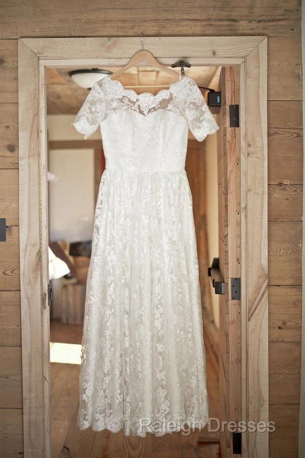 Boat Neck Short Sleeve Vintage Lace Floor Length Ivory Wedding Dresses Secondary image