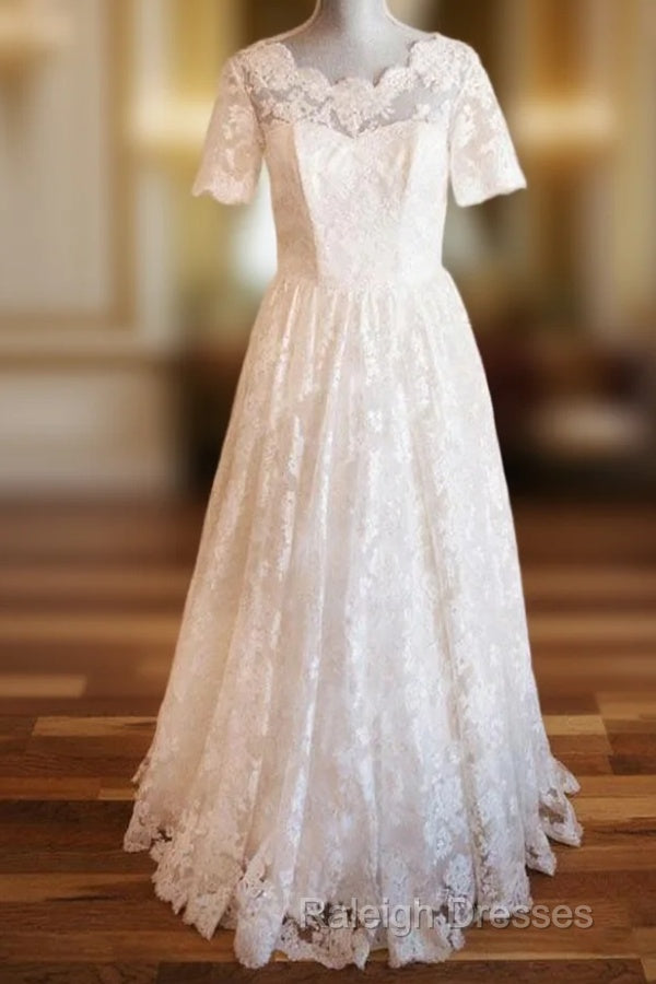 Boat Neck Short Sleeve Vintage Lace Floor Length Ivory Wedding Dresses Main image