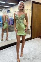 Bodycon V Neck Sage Green Satin Short Homecoming Dresses with Appliques