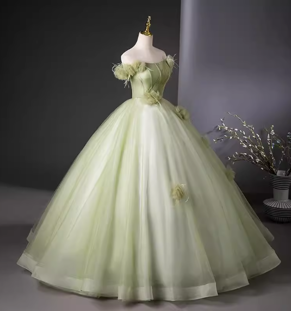 Bohemian Green Strapless Feather Floral Tulle Ball Gown Prom Dress Sweet 16 Dress Secondary image