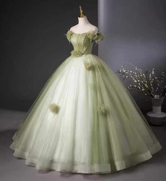 Bohemian Green Strapless Feather Floral Tulle Ball Gown Prom Dress Sweet 16 Dress