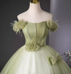 Bohemian Green Strapless Feather Floral Tulle Ball Gown Prom Dress Sweet 16 Dress