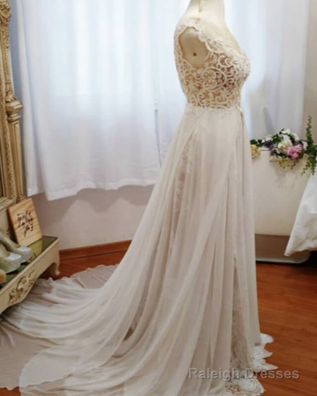 Boho Lace Cap Sleeves Wedding Dresses With Double Slit Secondary image