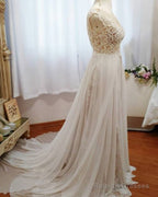 Boho Lace Cap Sleeves Wedding Dress With Double Slit