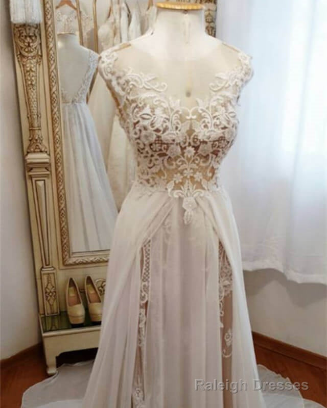 Boho Lace Cap Sleeves Wedding Dresses With Double Slit Main image