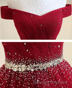 Burgundy Tulle Off Shoulder Long Prom Dress, Burgundy Evening Dress