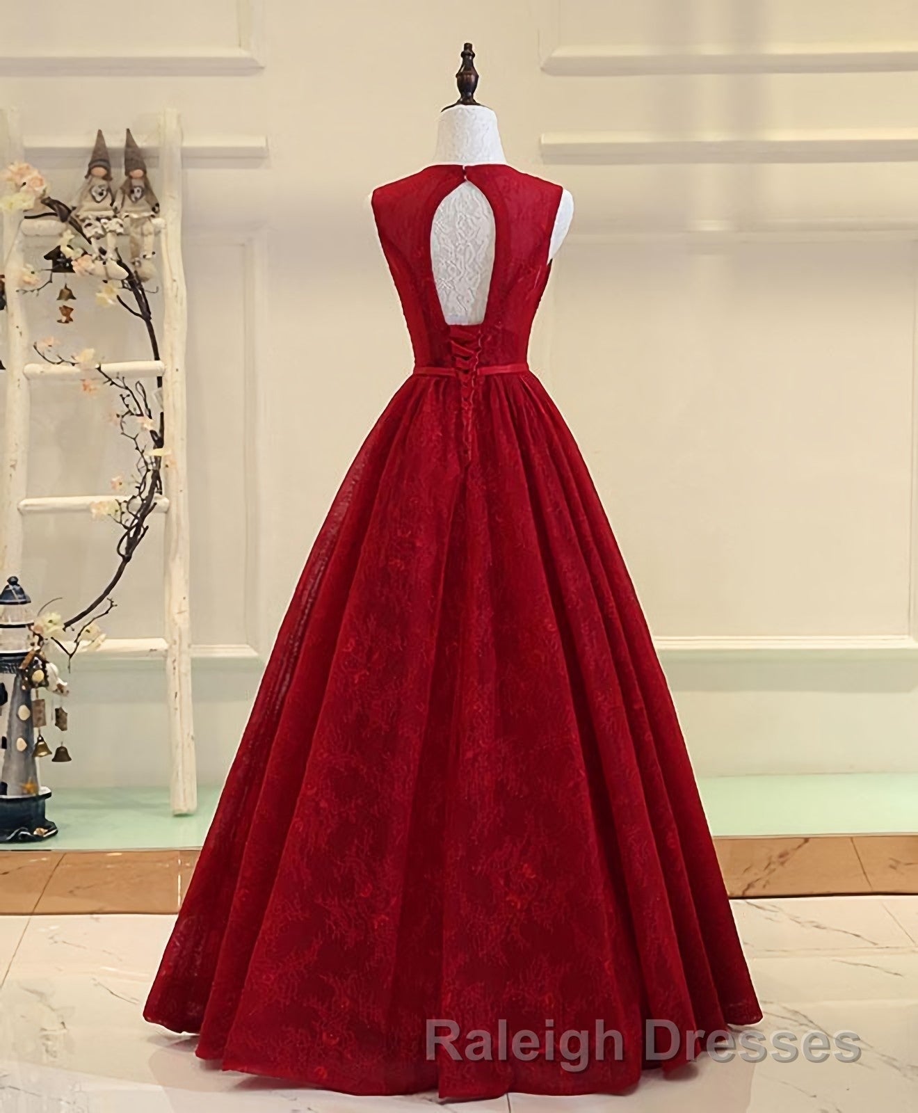 Burgundy V Neck Lace Long Prom Dress, Burgundy Evening Dress