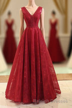Burgundy V Neck Lace Long Prom Gown Burgundy Prom Dresses