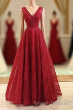 Burgundy V Neck Lace Long Prom Gown Burgundy Evening Dress