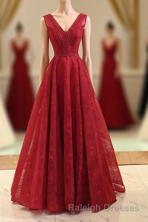 Burgundy V Neck Lace Long Prom Gown Burgundy Evening Dress