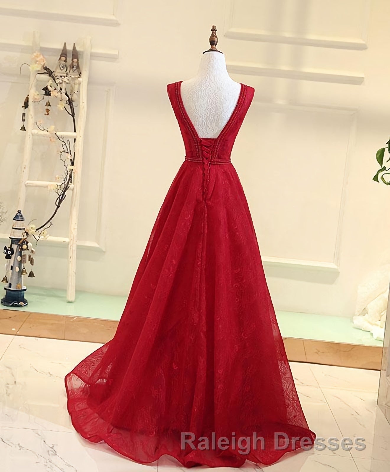 Burgundy V Neck Lace Long Prom Gown Burgundy Prom Dresses