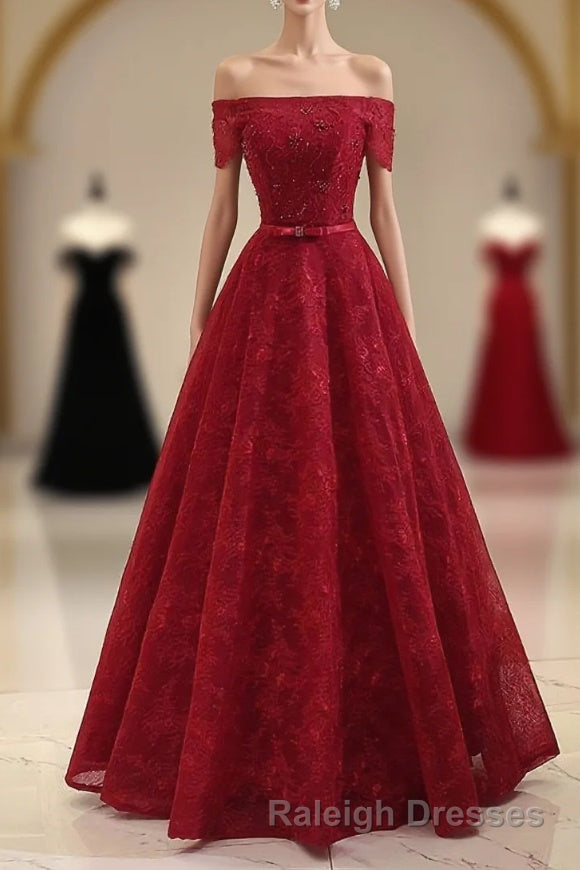Burgundy a Line Lace Long Prom Dress, Burgundy Evening Dress Main image