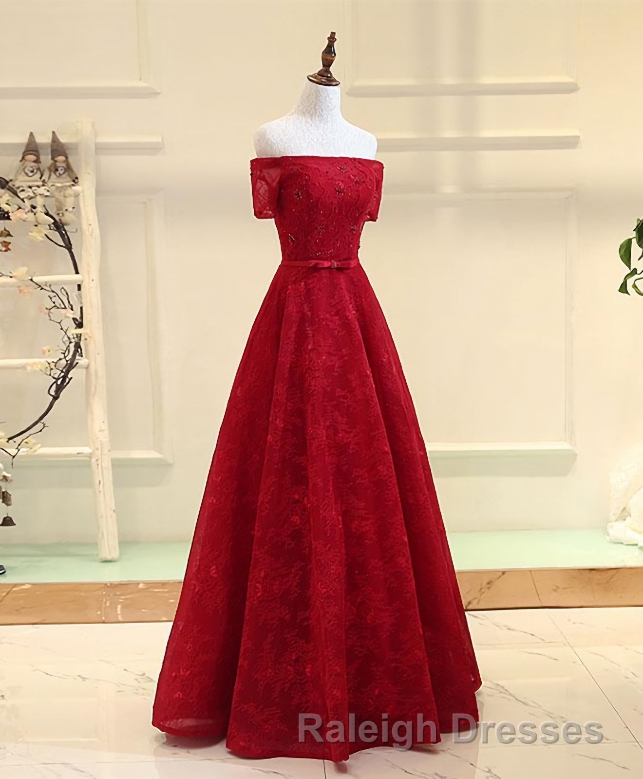 Burgundy a Line Lace Long Prom Dress, Burgundy Evening Dress Secondary image