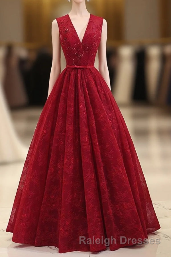 Burgundy V Neck Lace Long Prom Dress, Burgundy Evening Dress Main image
