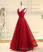 Burgundy V Neck Lace Long Prom Gown Burgundy Prom Dresses