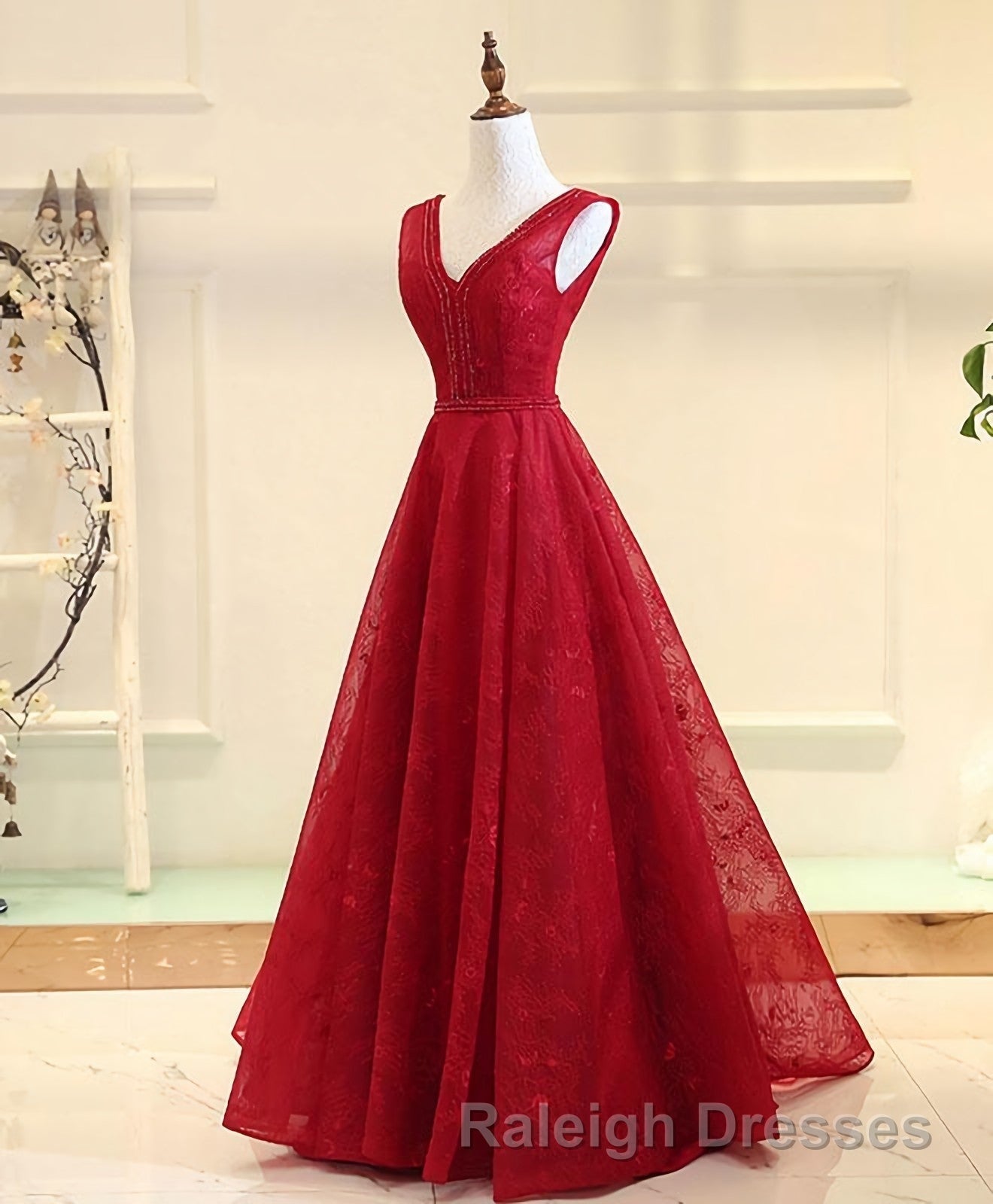 Burgundy V Neck Lace Long Prom Gown Burgundy Prom Dresses