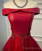 Burgundy Lace Tulle Long Prom Dress, Off Shoulder Evening Dress