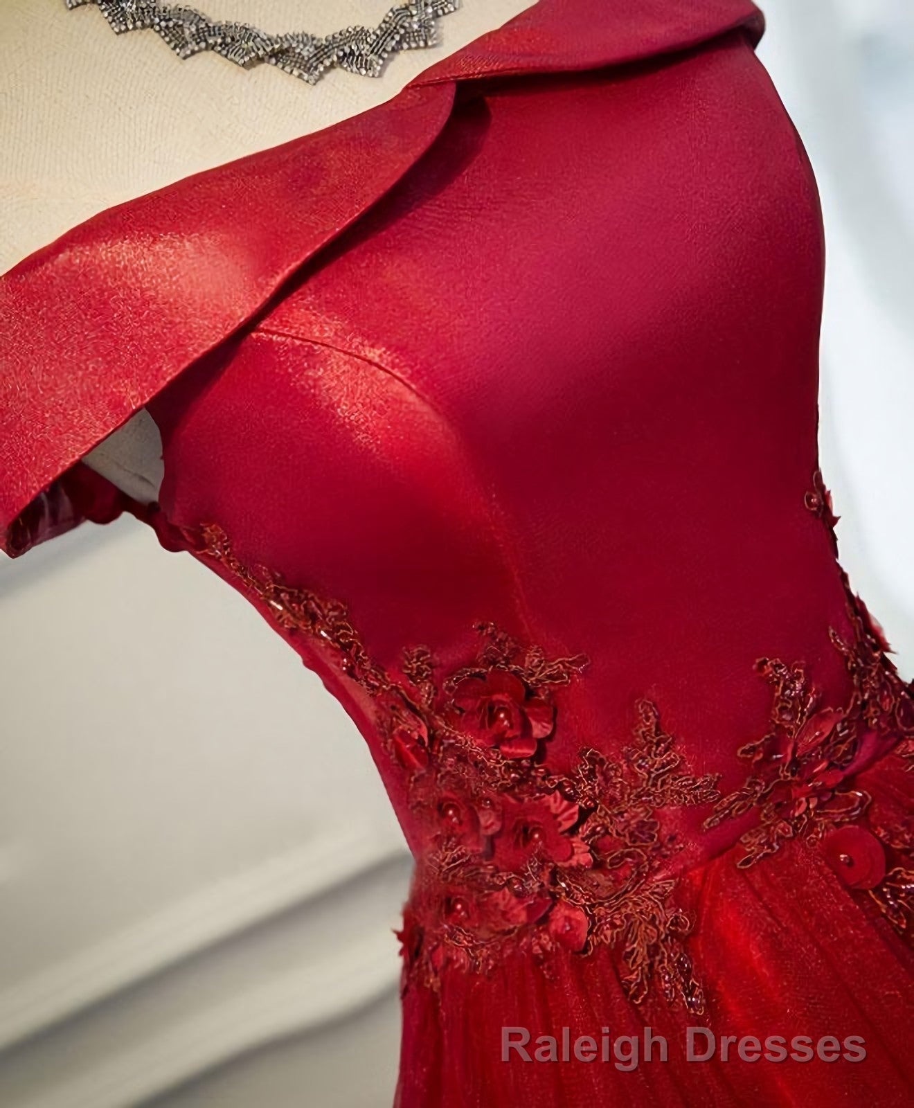 Burgundy Lace Tulle Long Prom Dress, Off Shoulder Prom Dress