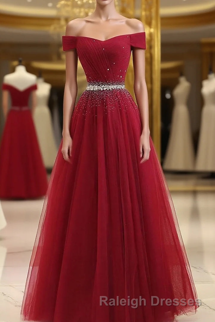 Burgundy Tulle Off Shoulder Long Prom Dress, Burgundy Evening Dress Main image