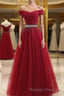 Burgundy Tulle Off Shoulder Long Prom Dress, Burgundy Evening Dress
