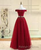 Burgundy Tulle Off Shoulder Long Prom Dress, Burgundy Evening Dress