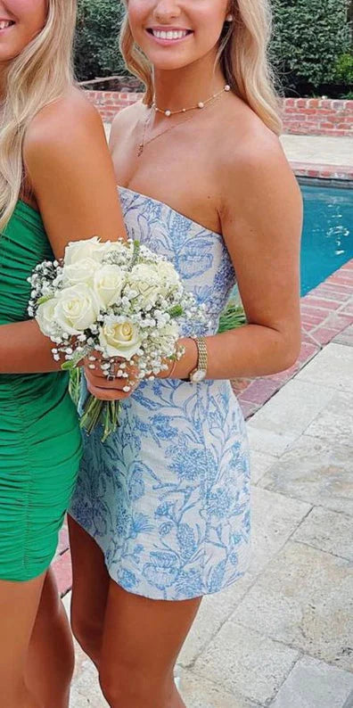 Bravo Floral Print Homecoming Dress Strapless Mini Prom Gowns