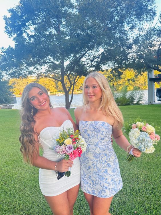 Bravo Floral Print Homecoming Dress Strapless Mini Prom Gowns