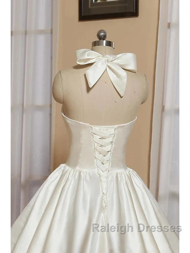 Bridal Shower Little White Dress Wedding Dress Tea Length A-Line Sleeveless Halter Satin With Bow(S) Pleats Secondary image