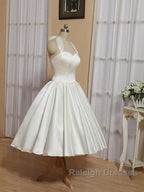 Bridal Shower Little White Dresses Wedding Dresses Tea Length A-Line Sleeveless Halter Satin With Bow(S) Pleats
