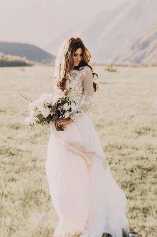 Long Sleeve Lace Floor Length Boho Wedding Dress Main image