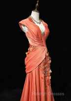 Bright Orange Mermaid V-Neck Satin Beaded Long Prom Dress Sequined Evening Gown