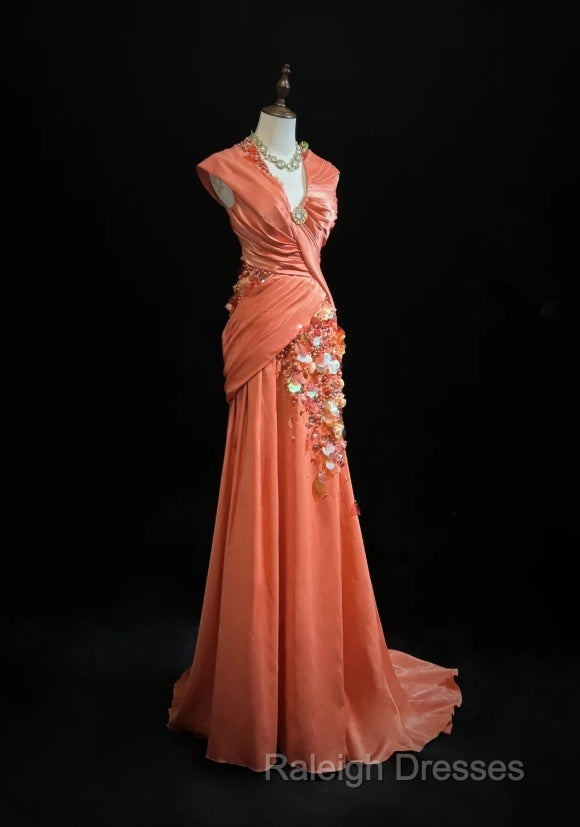 Bright Orange Mermaid V-Neck Satin Beaded Prom Dresses Long Sequined Prom Gown