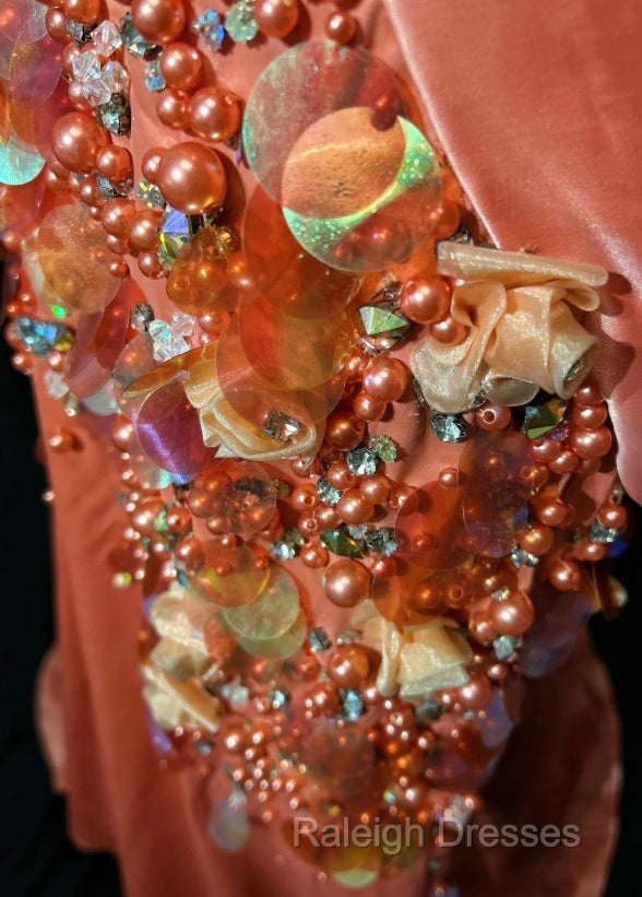 Bright Orange Mermaid V-Neck Satin Beaded Long Prom Dress Sequined Evening Gown