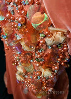 Bright Orange Mermaid V-Neck Satin Beaded Prom Dresses Long Sequined Prom Gown
