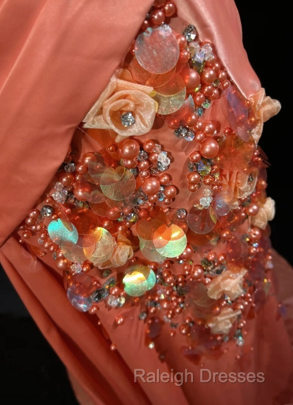 Bright Orange Mermaid V-Neck Satin Beaded Prom Dresses Long Sequined Prom Gown