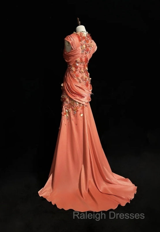 Bright Orange Mermaid V-Neck Satin Beaded Prom Dresses Long Sequined Prom Gown