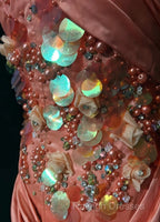 Bright Orange Mermaid V-Neck Satin Beaded Long Prom Dress Sequined Evening Gown