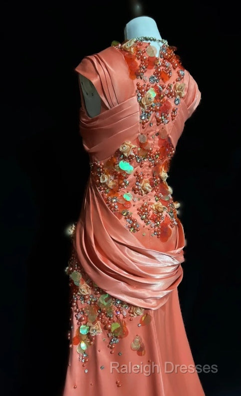 Bright Orange Mermaid V-Neck Satin Beaded Prom Dresses Long Sequined Prom Gown