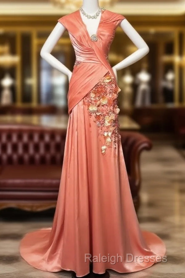 Bright Orange Mermaid V-Neck Satin Beaded Prom Dresses Long Sequined Prom Gown
