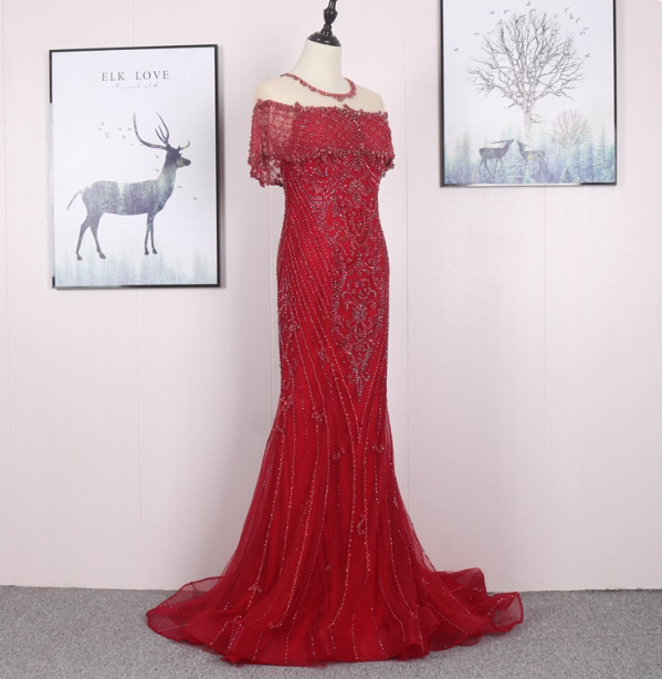 Bright Red Mermaid Crew Neck Beaded Tulle Train Formal Prom Dress Secondary image