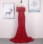 Bright Red Mermaid Crew Neck Beaded Tulle Train Formal Prom Dress